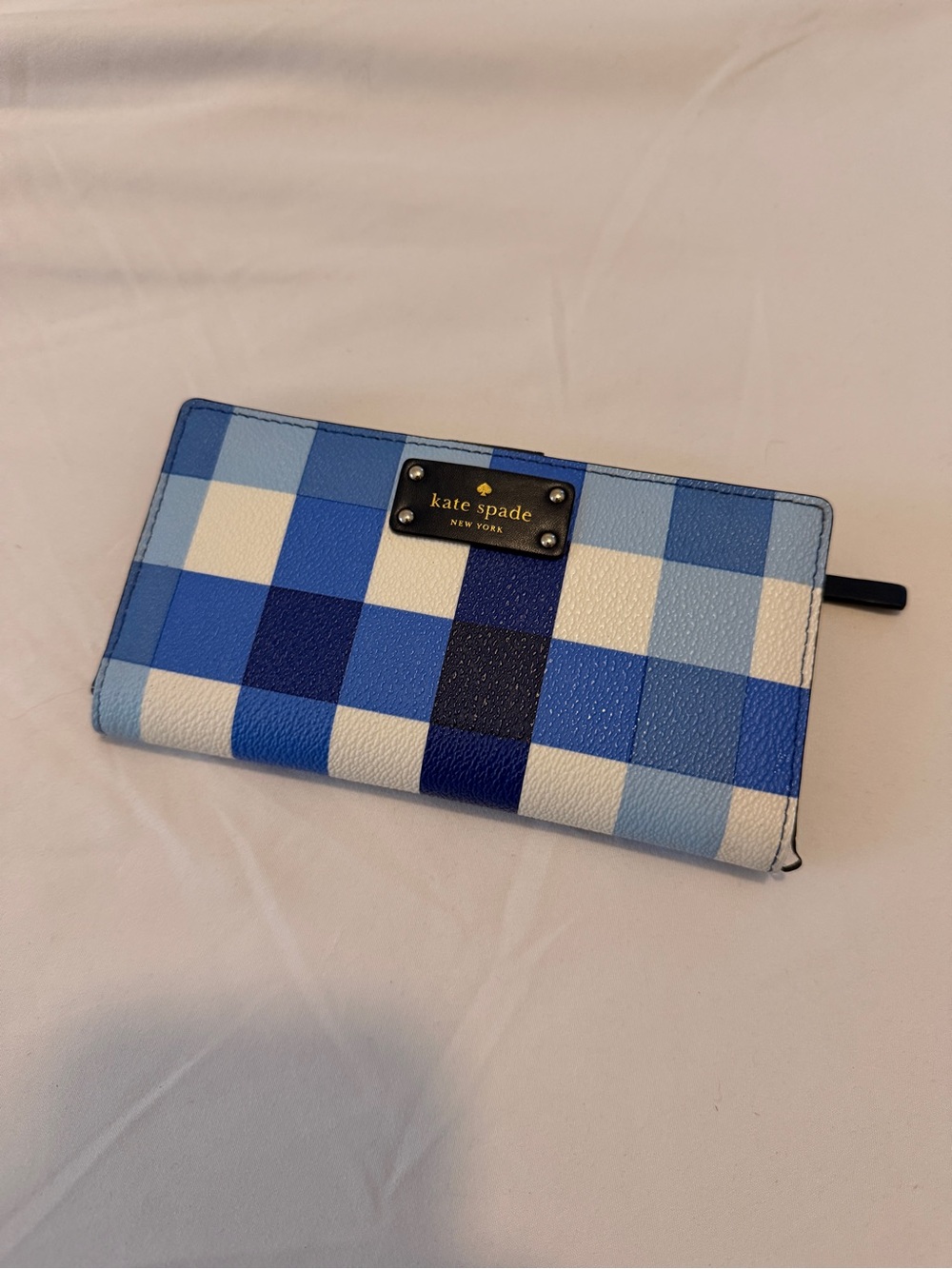 kate spade Blue and White Gingham Zip Around Wallet